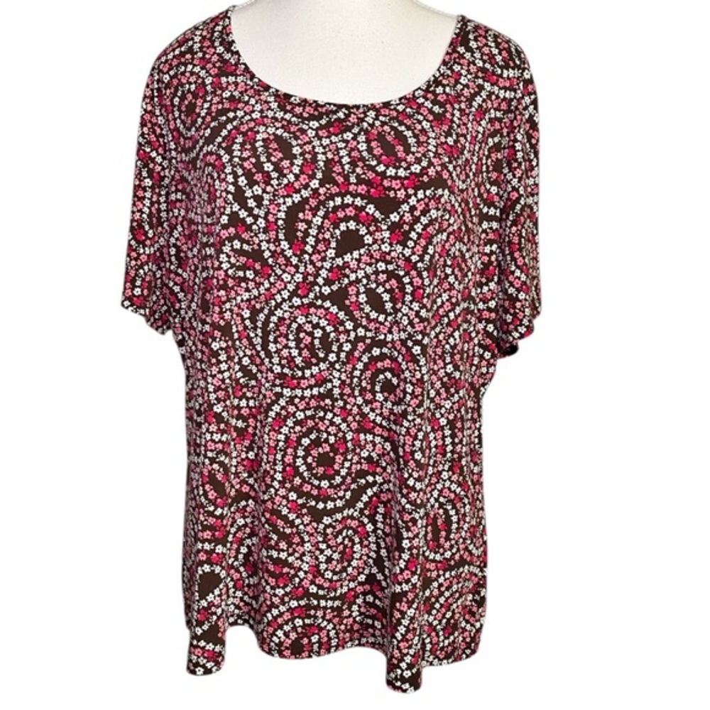 East 5th Woman Size 1X Top | Retro Floral Swirl Print Brown & Pink